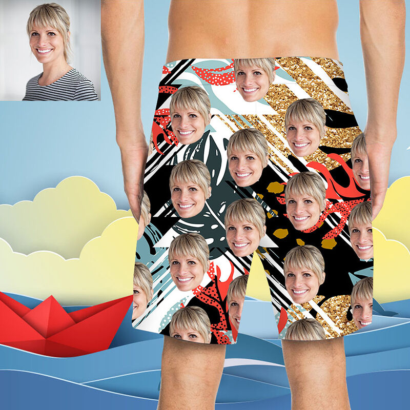 Custom Face Mix Colorful Leaves Men's Beach Shorts