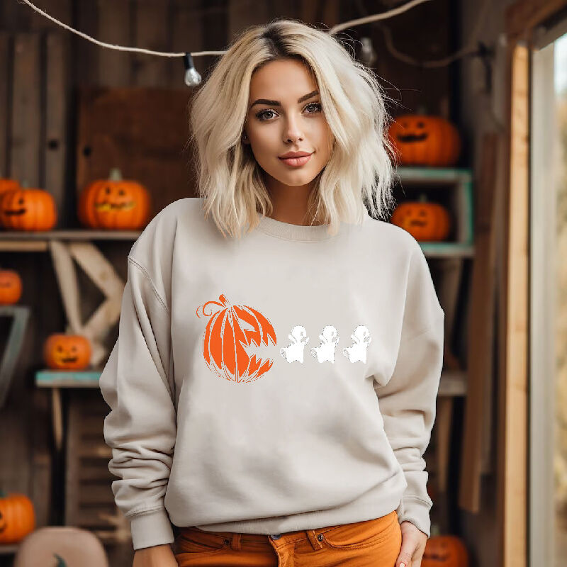 Casual Sweatshirt with Devil Pumpkin Pattern Funny Gift for Halloween
