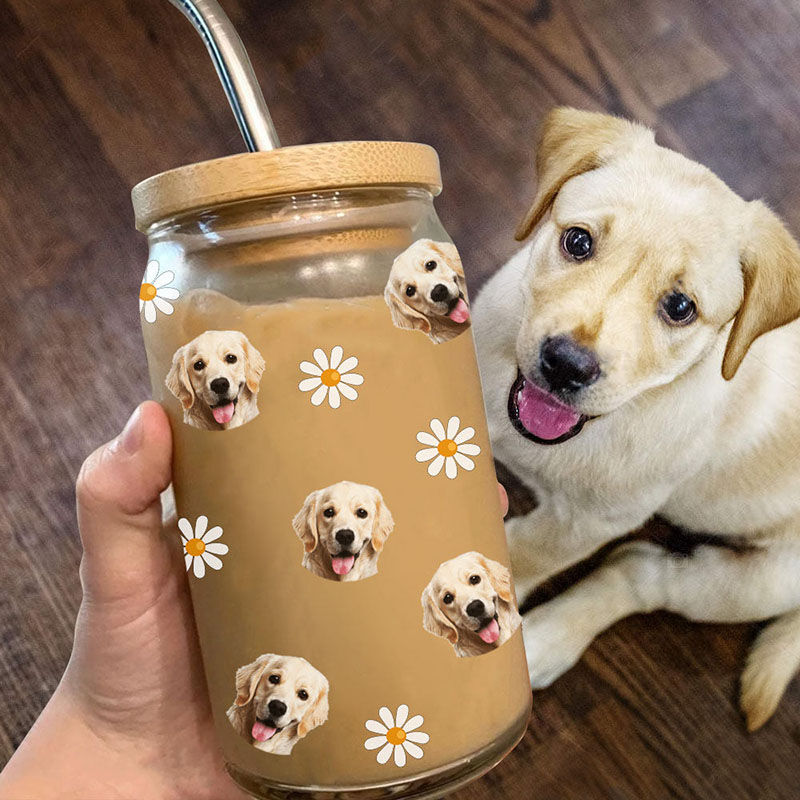カスタマイズ 犬 猫 顔写真 タピオカ コーヒー ガラス コップ タンブラー ストロー付き 蓋