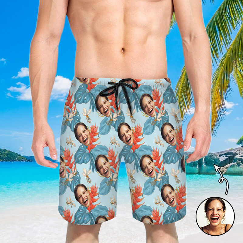 Personalized Picture Men's Beach Shorts with Unique Flowers Pattern Stylish Gift for Friend