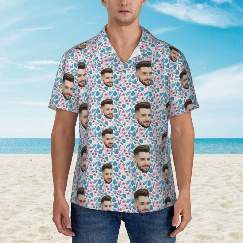 Customized Hawaiian Shirt with Small Floral Prints to Add Face Photos