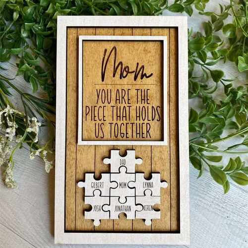 "You Are The Piece That Holds Us Together" Personalized Puzzles Pieces Name Brown Frame Gift For Mom