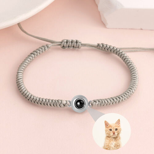 Personalized Round Photo Projection Gray Braided Bracelet