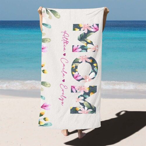 Personalized Name Bath Towel with Beautiful Flowers Pattern for Favourite Mom