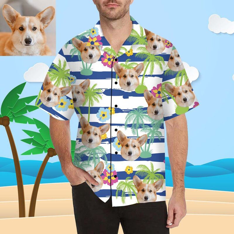 Custom Face Palm Trees and Cute Flowers Men's All Over Print Hawaiian Shirt