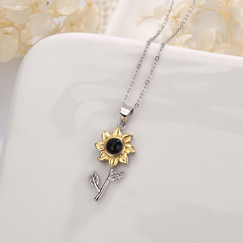 Personalisierte Sonnenblume Foto Projektion Halskette Geschenk für Freunde Sterling Silber