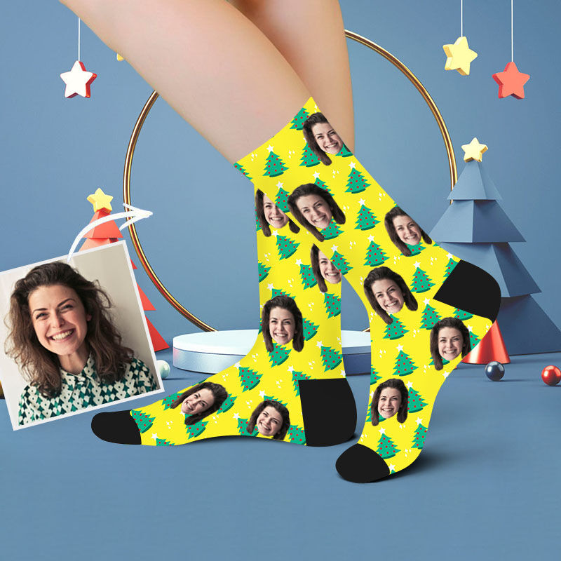 Custom Face Picture Socks Printed with Christmas Tree for Women