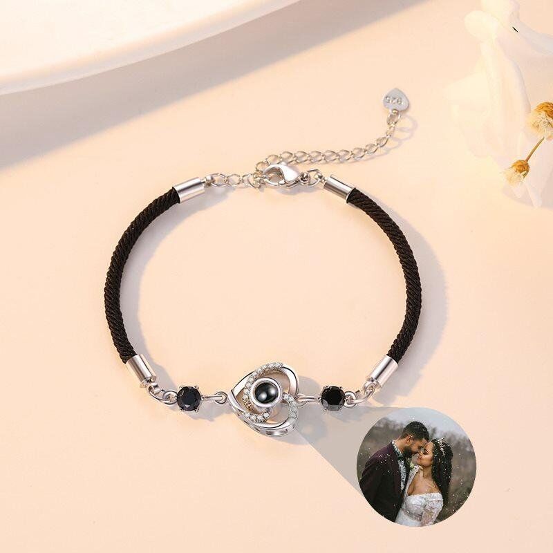 Personalized Photo Heart Projection Bracelet with Black Cord
