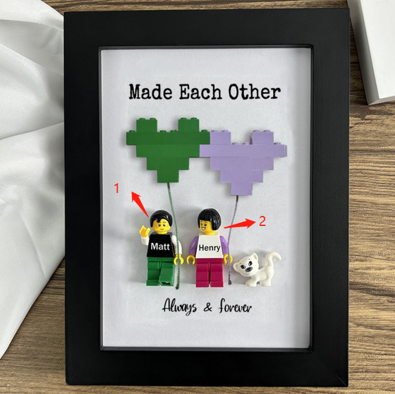 Cadeau romantique pour elle : cadre personnalisé avec minifigure et animal de compagnie Figurines en brique Personnalisé lego minifugure