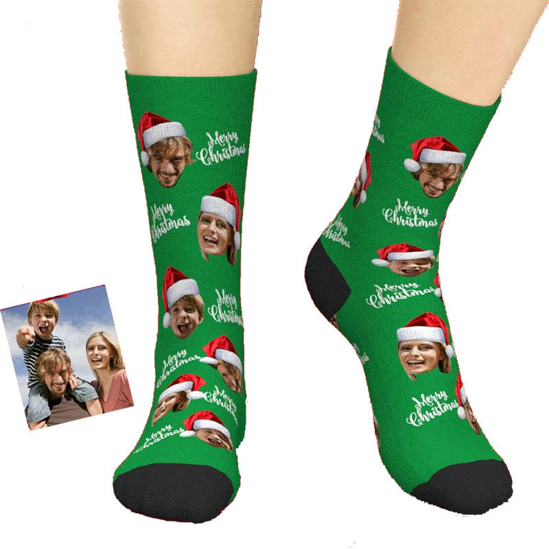 "Merry Christmas" Custom Face Picture Socks Printed with Santa Hat Funny Christmas Gift