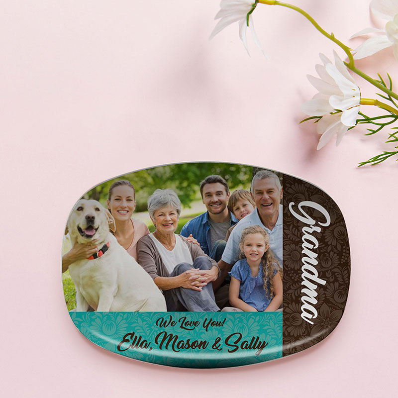 Assiette Personnalisée Nom et Photo Cadeau Parfait pour Grand-mère "Nous t'aimons"