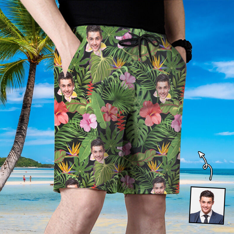 Personalized Picture Men's Beach Shorts with Palm Leaves Pattern Alluring Gift for Brother