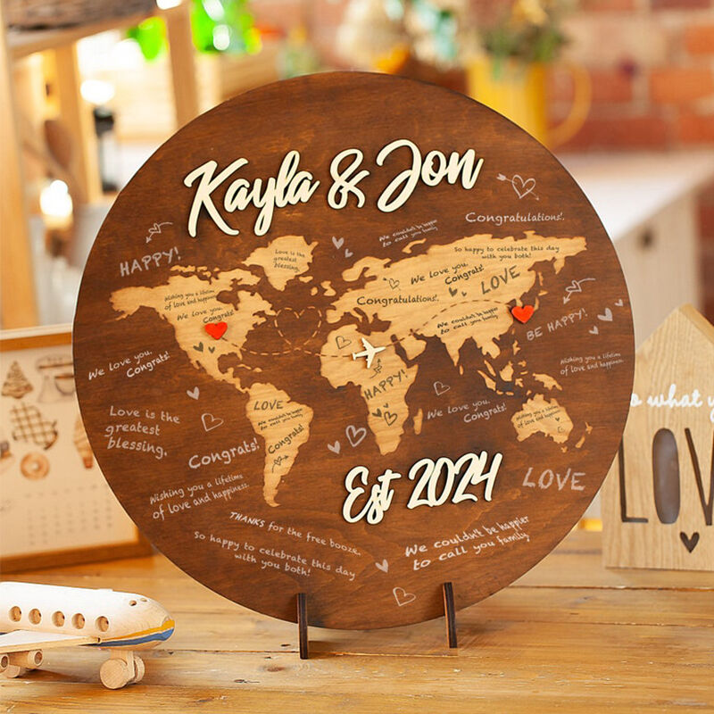 Libro de visitas de madera personalizado con mapa del mundo, regalo de boda de larga distancia