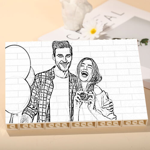 Cornici Personalizzati con Foto in Puzzle Stile Bozzetto Bianco e Nero per Coppia