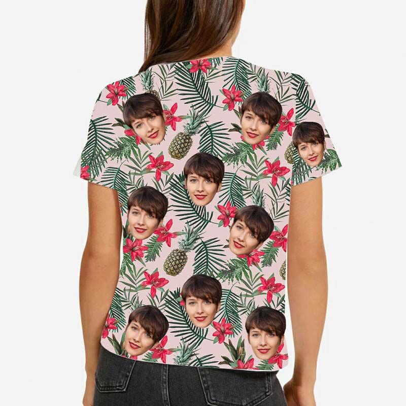 T-shirt hawaïen pour femmes avec ananas vert frais, visage personnalisé