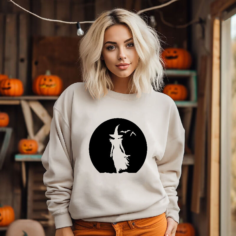 Artistic Sweatshirt with Witch Pattern On Moonlit Night Bold Design Gift for Women
