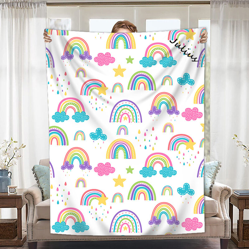 Personalized Name Blanket with Colorful Rainbow Pattern Fashionable Present for Children