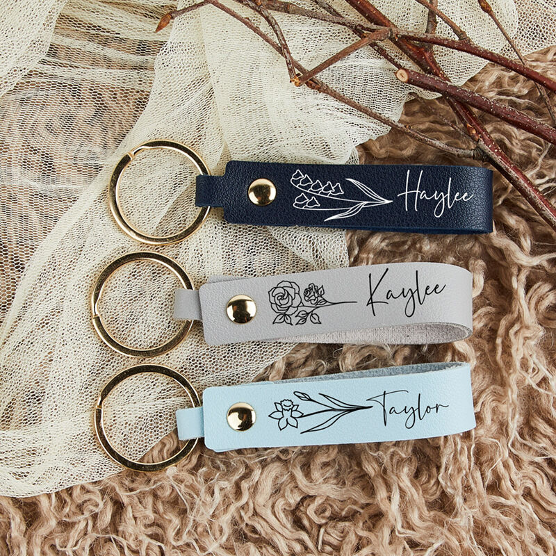 Personalized Leather Keychain with Custom Name and Birth Flower Attractive Gift for Her