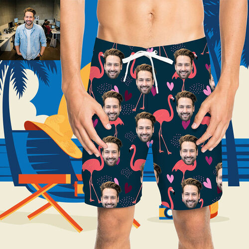 Pantaloni da Spiaggia Uomo Corti Personalizzati con Faccia e Flamingo Blu