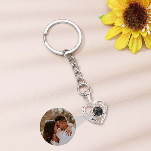 Personalized Heart Photo Projection Keychain with Diamonds for Valentine's Day