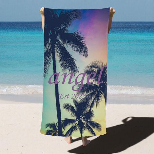 Custom Name and Date Bath Towel with Beautiful Scenery Pattern for Valentine's Day