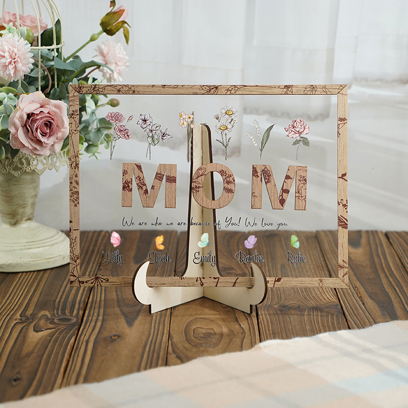 Personalized Name Wooden Acrylic Frame with Butterflies Pattern Beautiful Gift for Mom