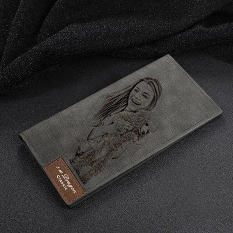 Men's Photo Engraved Long Style Bifold Photo Wallet - Gray Leather