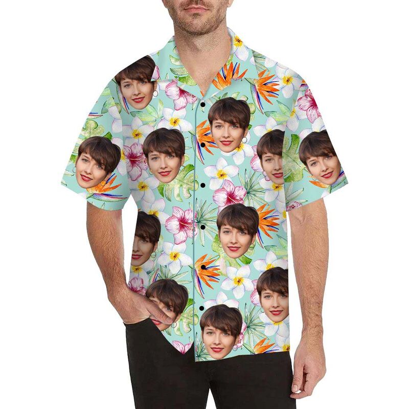 Chemise hawaïenne imprimée sur tout le corps pour hommes, avec visage personnalisé, hibiscus et jonquille