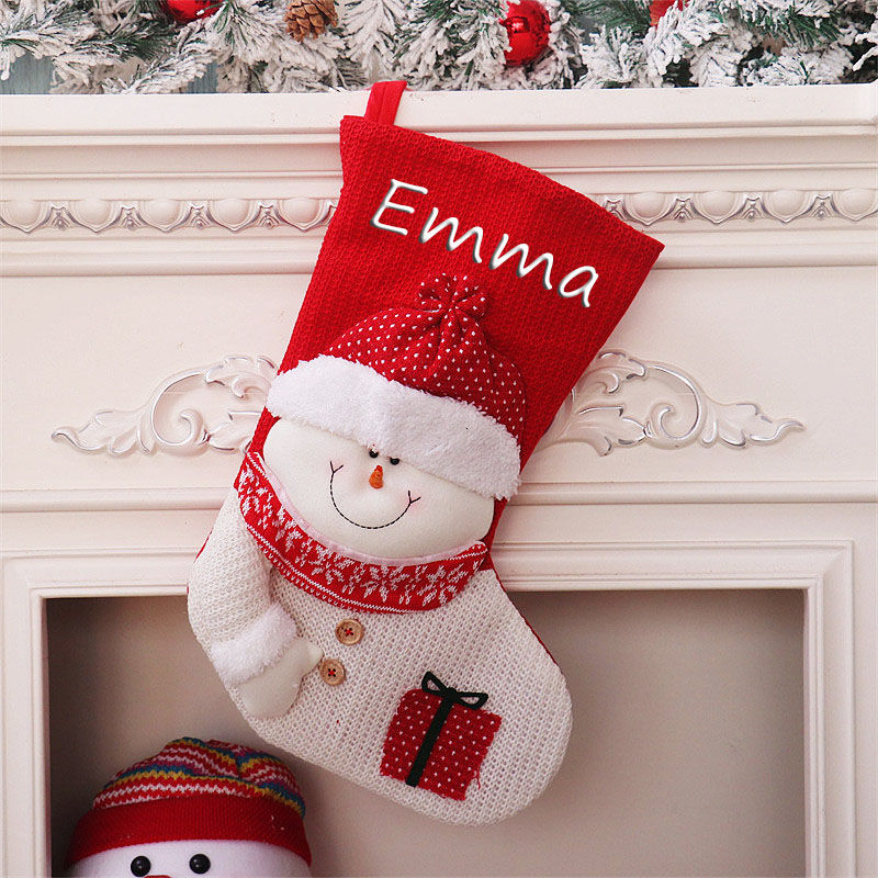 Calcetines navideños personalizado con nombre de muñeco de nieve de punto