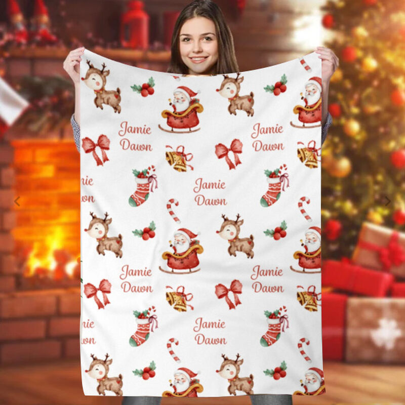 Personalized Name Blanket with Santa and Elk Graphic Christmas Gift for Kids