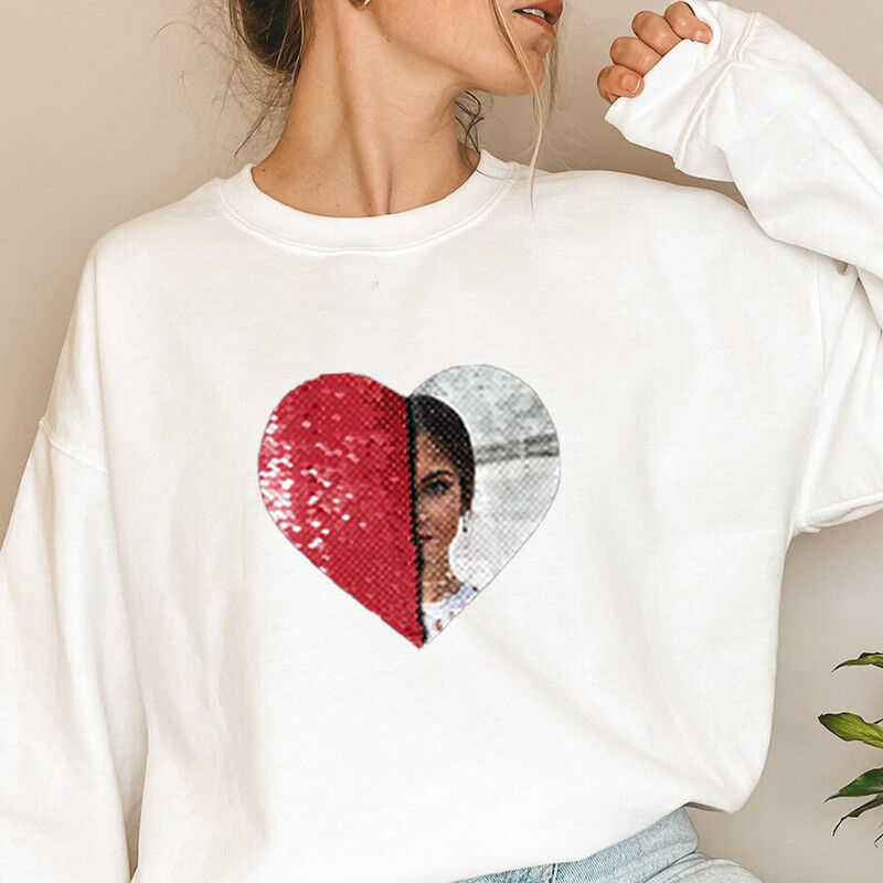 Personalized Sweatshirt Heart Shaped Sequin with Custom Photo Design Creative Gift for Couples