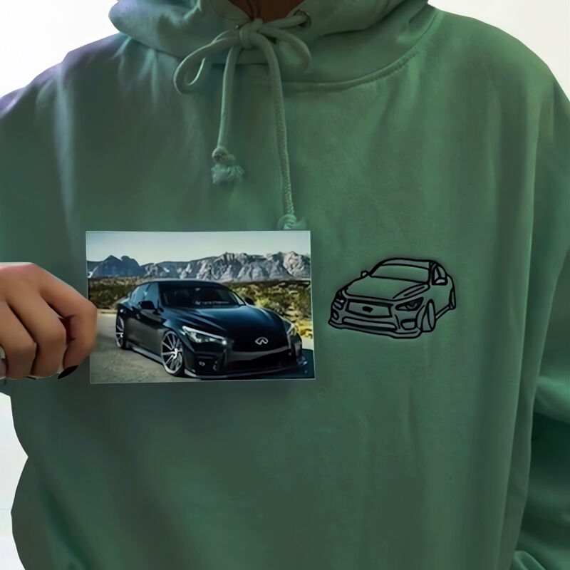 Personalized Hoodie Custom Embroidered Car Photo Line Drawing Design Cool Gift for Car Loving Friend