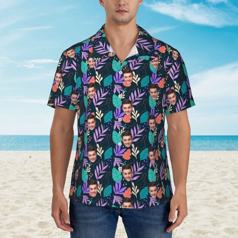 Camisa hawaiana personalizada con estampado de hojas de colores para hombre