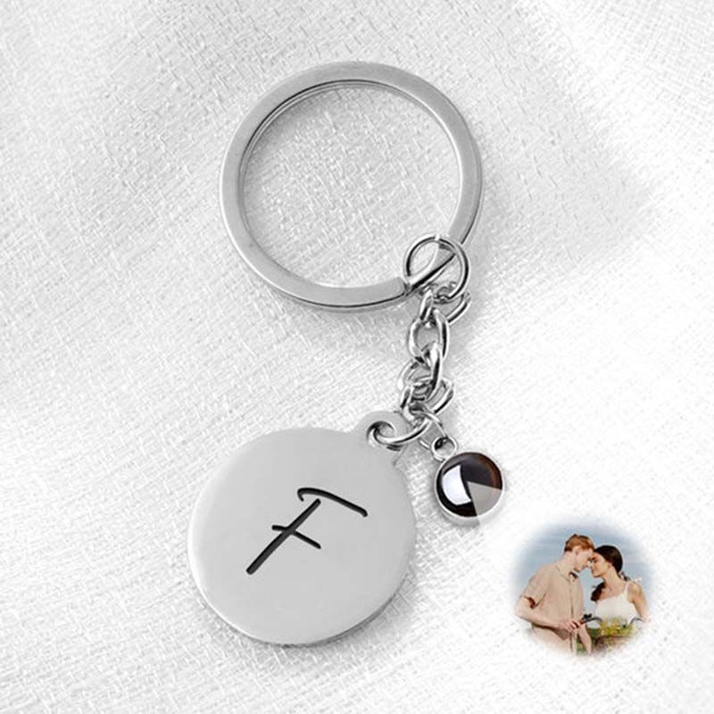 Custom Photo Projection Keychain, Initials Engraved Disc Keychain