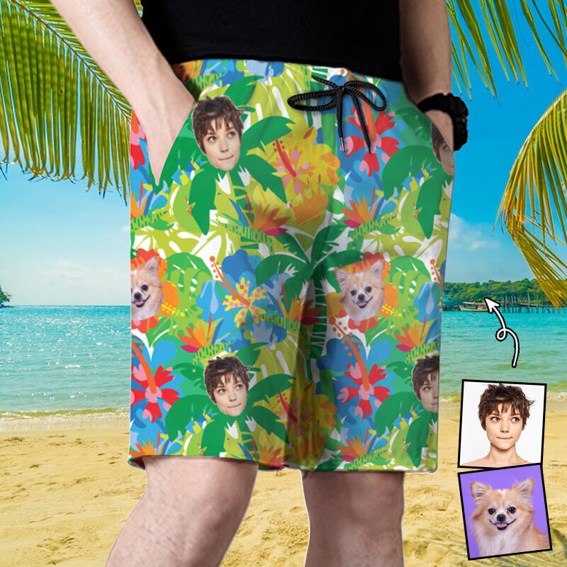 Personalized Picture Men's Beach Shorts with Coconut Tree Pattern Colorful Gift for Family