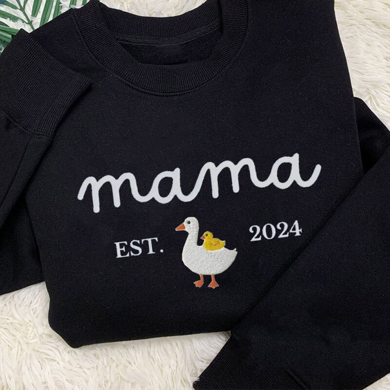 Personalized Sweatshirt Embroidered Mama Duck and Duckling Pattern Design Funny Mother's Day Gift