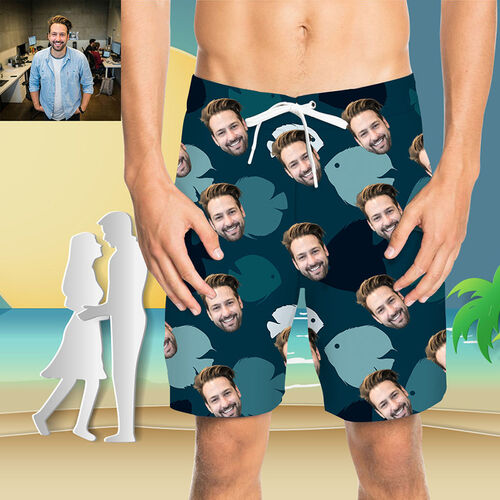 Pantaloni da Spiaggia Uomo Corti Personalizzati con Faccia e Pesce Blu