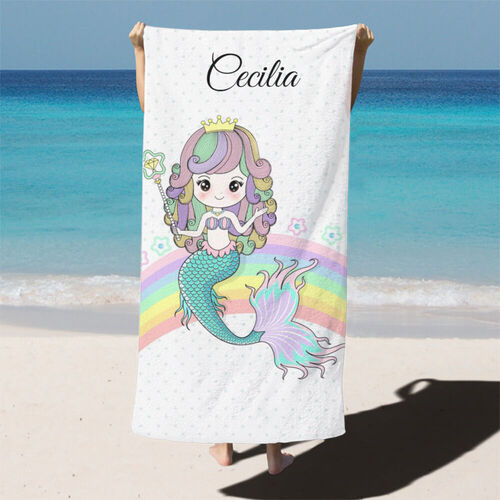 Personalized Name Bath Towel with Mermaid and Rainbow Pattern for Kids