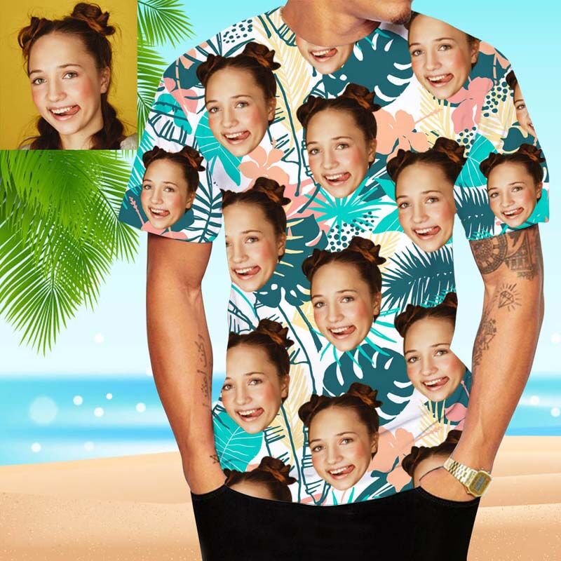 T-shirt hawaïen personnalisé avec fleurs roses et feuilles vertes