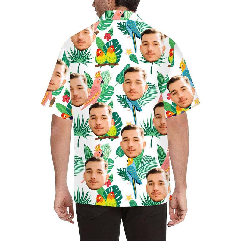 Chemise hawaïenne à impression intégrale pour hommes avec visage personnalisé fleurs, oiseaux et feuilles
