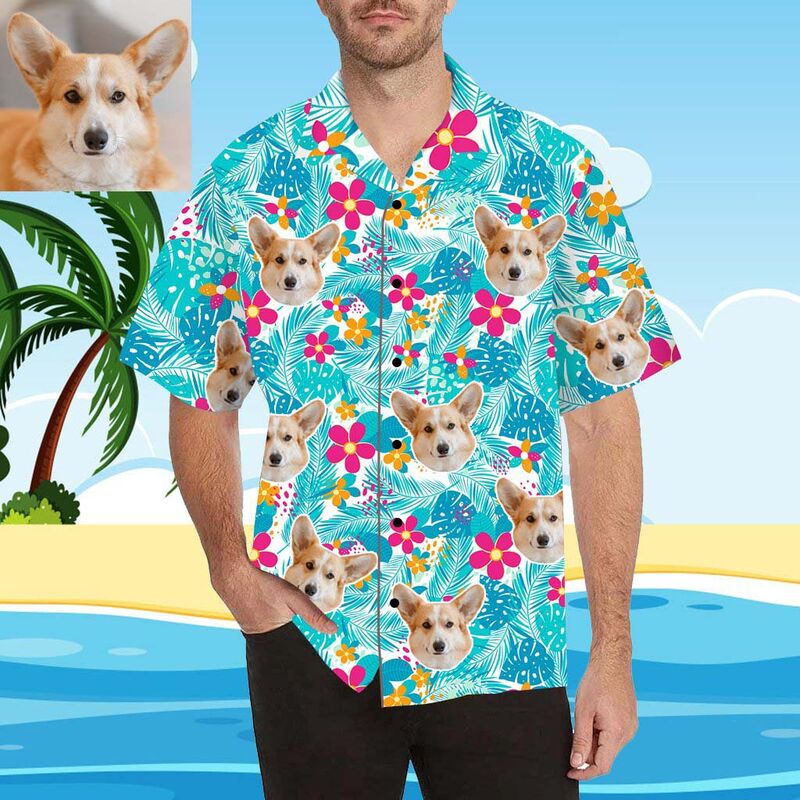 Custom Face Cute Flowers and Leaves Men's All Over Print Hawaiian Shirt