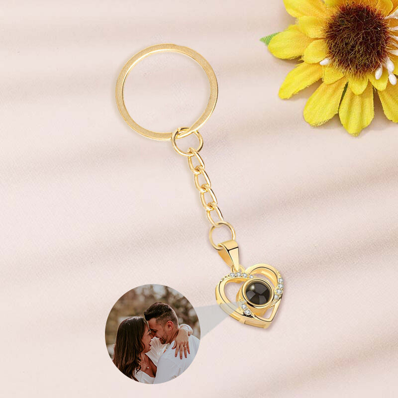 Personalized Heart Photo Projection Keychain with Diamonds for Valentine's Day