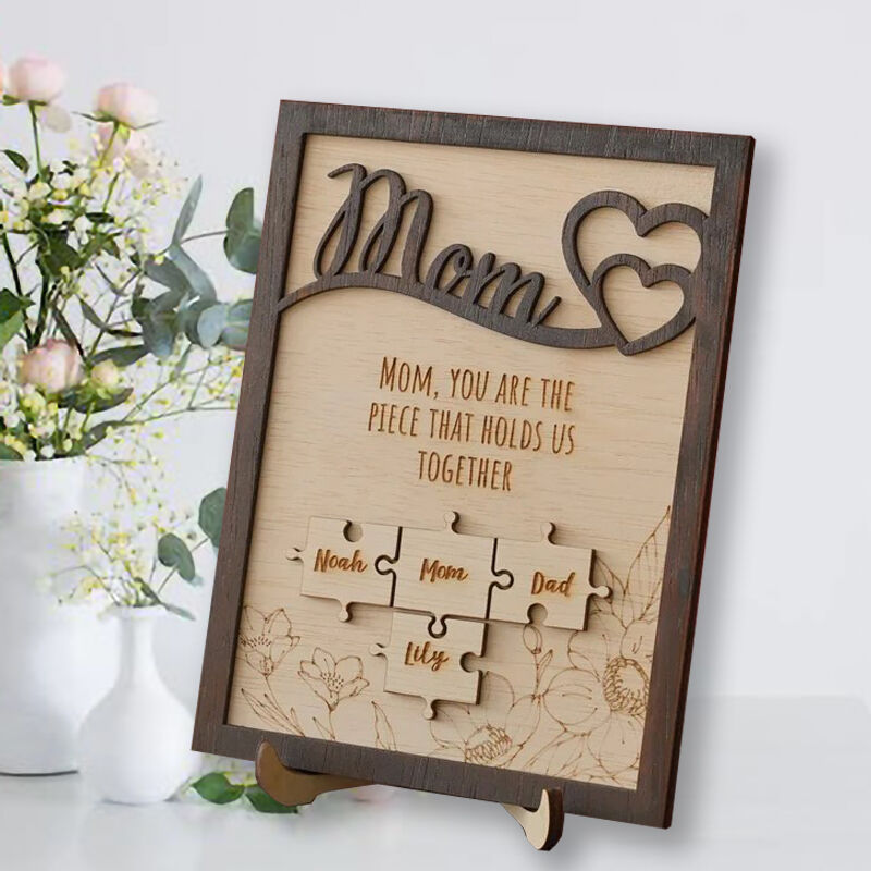 Custom Name Puzzle Frame "You Are The Piece That Holds Us Together" with Flower Carving for Mom
