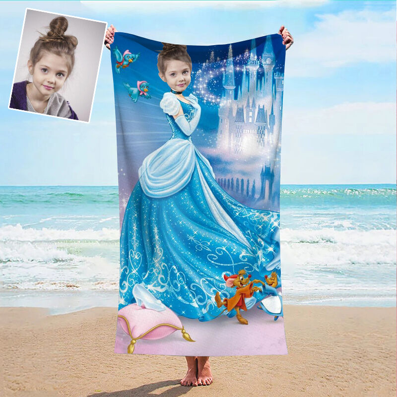Personalized Photo Bath Towel with Blue Fantasy Castle Background Interesting Gift for Kids