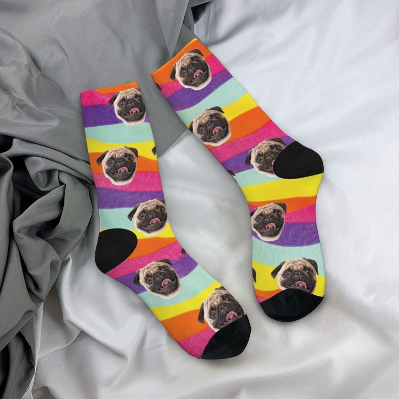Personalisierte Tie Dye Face Socken Regenbogen mit Tierfotos bedruckt
