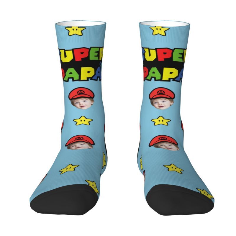 SUPER PAPA sokken met een grappig gezicht kunnen gepersonaliseerd worden met babyfoto's