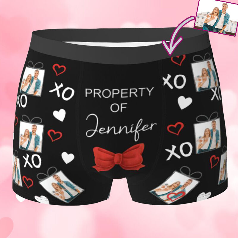 Boxer personnalisé avec photo pour homme, sous-vêtement avec motif de nœud, cadeau romantique pour petit ami