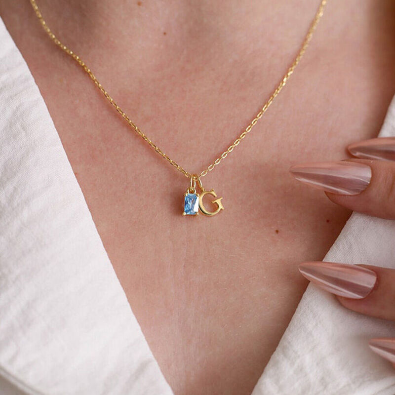 Personalized Birthstone Necklace Square Gemstone and Initial Birthday Gift for Her