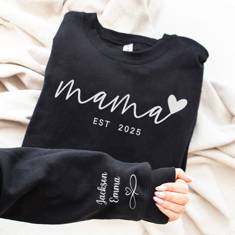 Personalized Sweatshirt Embroidered Mama Heart Custom Names On The Sleeve Design Perfect Mother's Day Gift