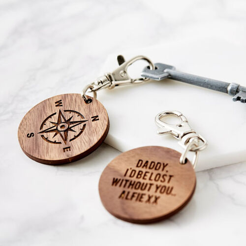Personalised Engraved Keychain with Wooden Compass Pattern Practical Gift for Father